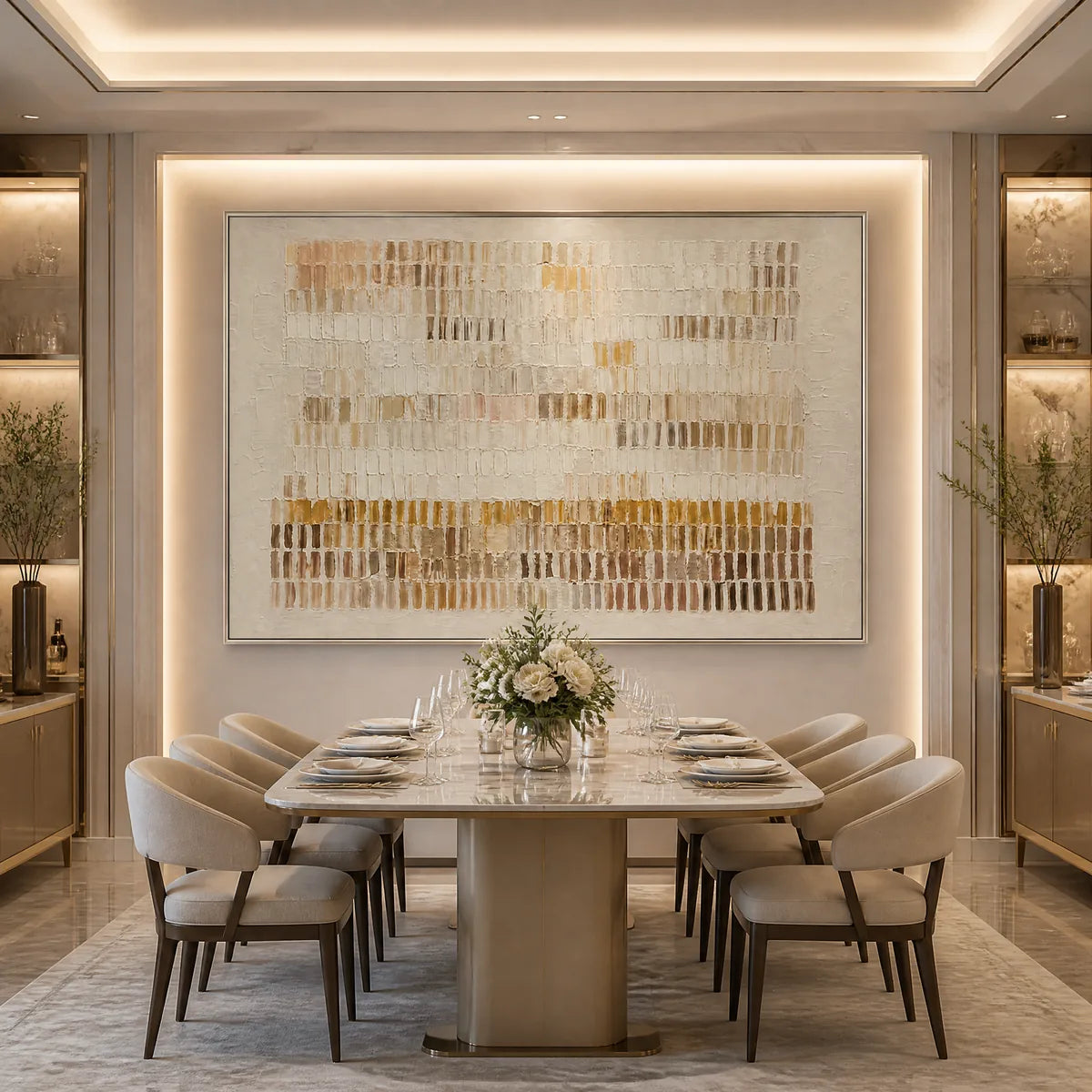 Beige horizontal abstract wall art with textured linear relief for modern dining room