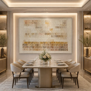 Beige horizontal abstract wall art with textured linear relief for modern dining room