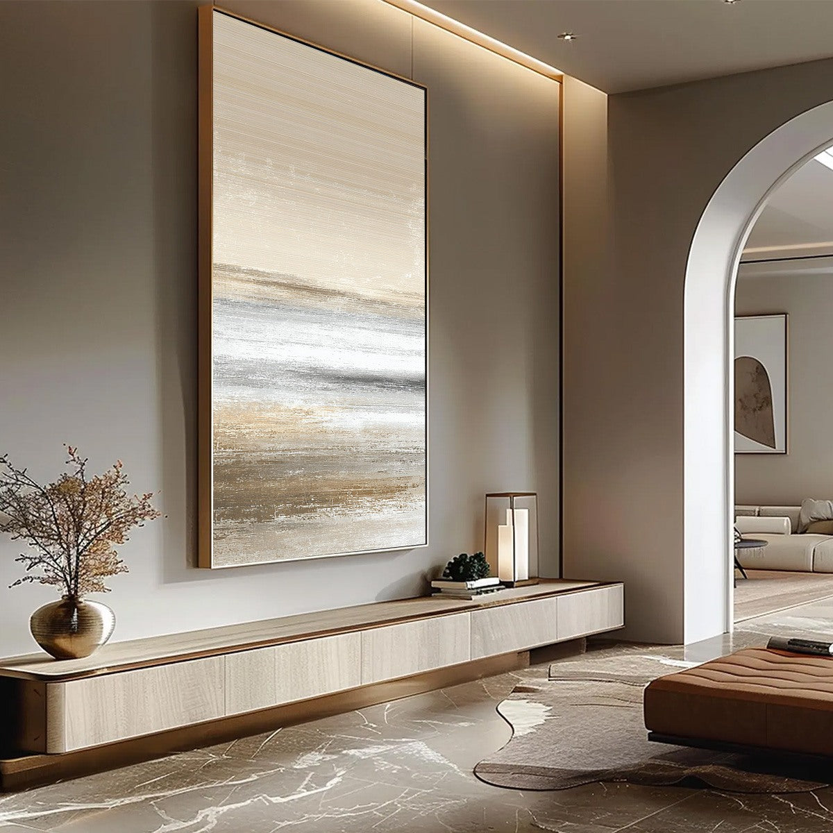 SANDSTONE SERENITY: Minimalist Textured Abstract Seascape Painting