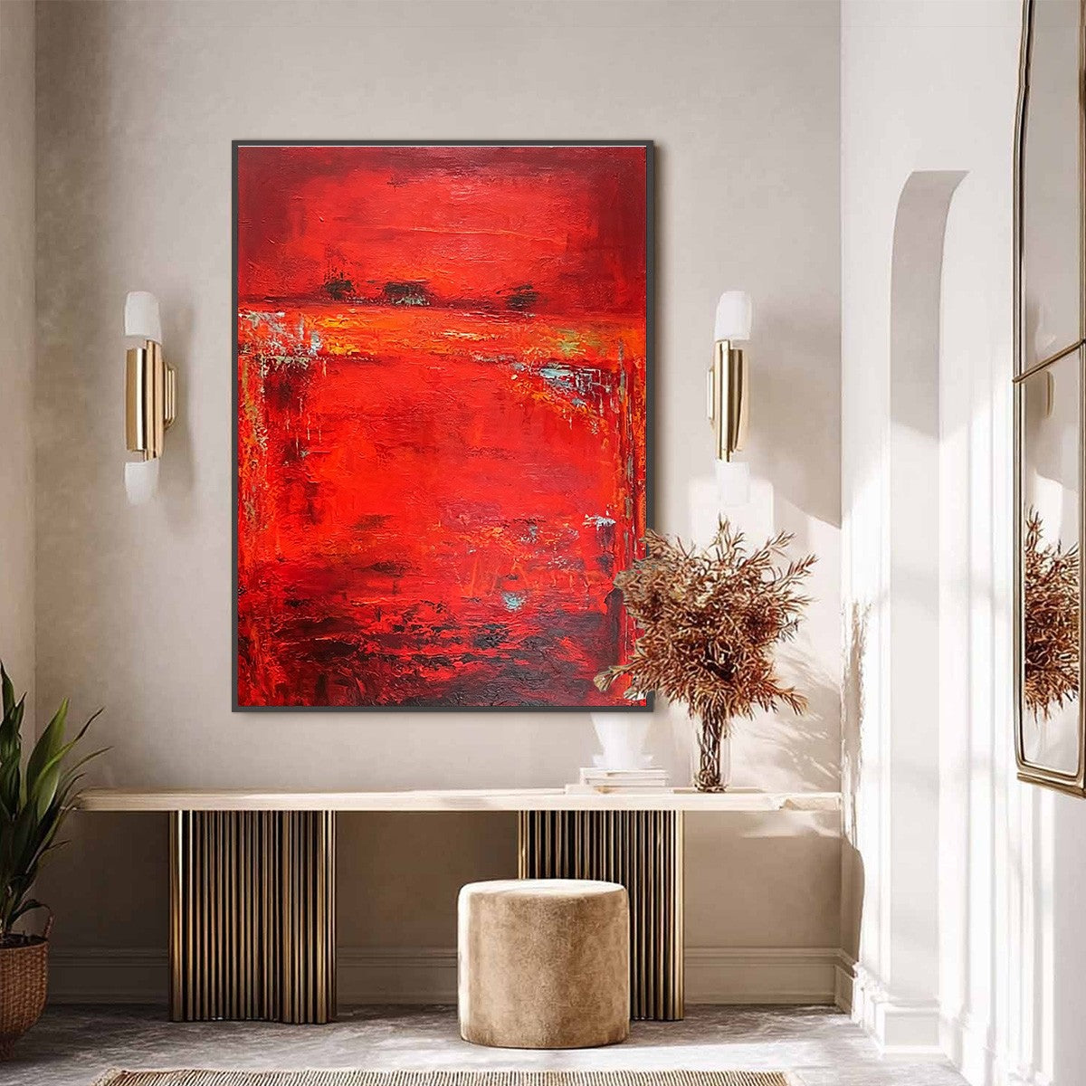Scarlet Horizon | Vertical Red Abstract Oil Painting – MontCarta