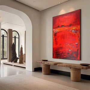 Scarlet Horizon: original handmade textured red abstract oil painting, modern wall art.