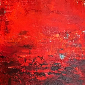 Scarlet Horizon: Large vertical textured red abstract oil painting by Javier Ramirez.