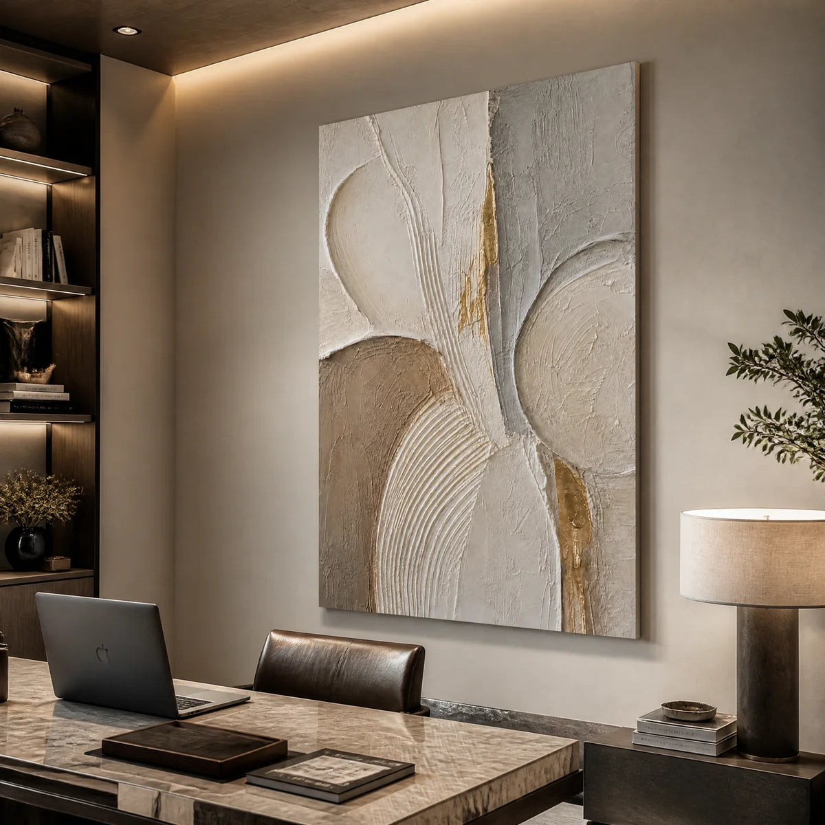 Stretched modern abstract textured artwork, showcased in a professional home office.