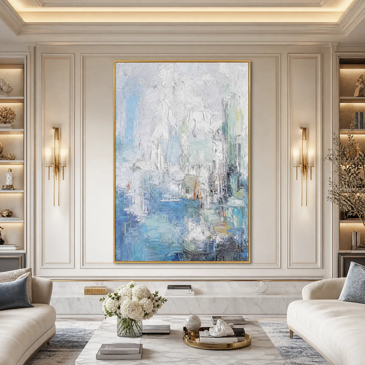 Seaside Reverie textured abstract wall art in blue, white, and gold