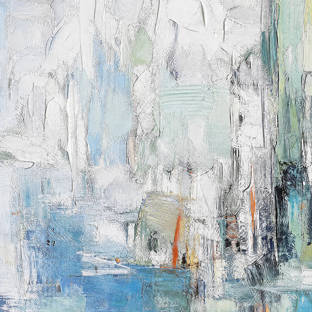 Textured abstract oil painting in white, blue and teal, inspired by a coastal city