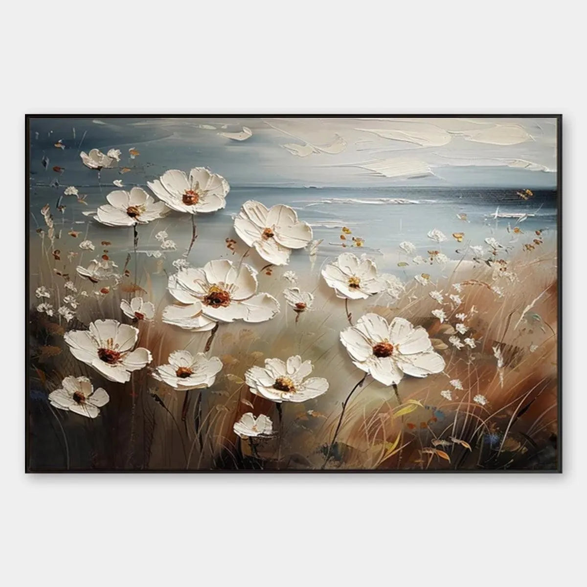 Textured Floral Painting, Impasto Wall Art, Horizontal Canvas, Coastal Decor