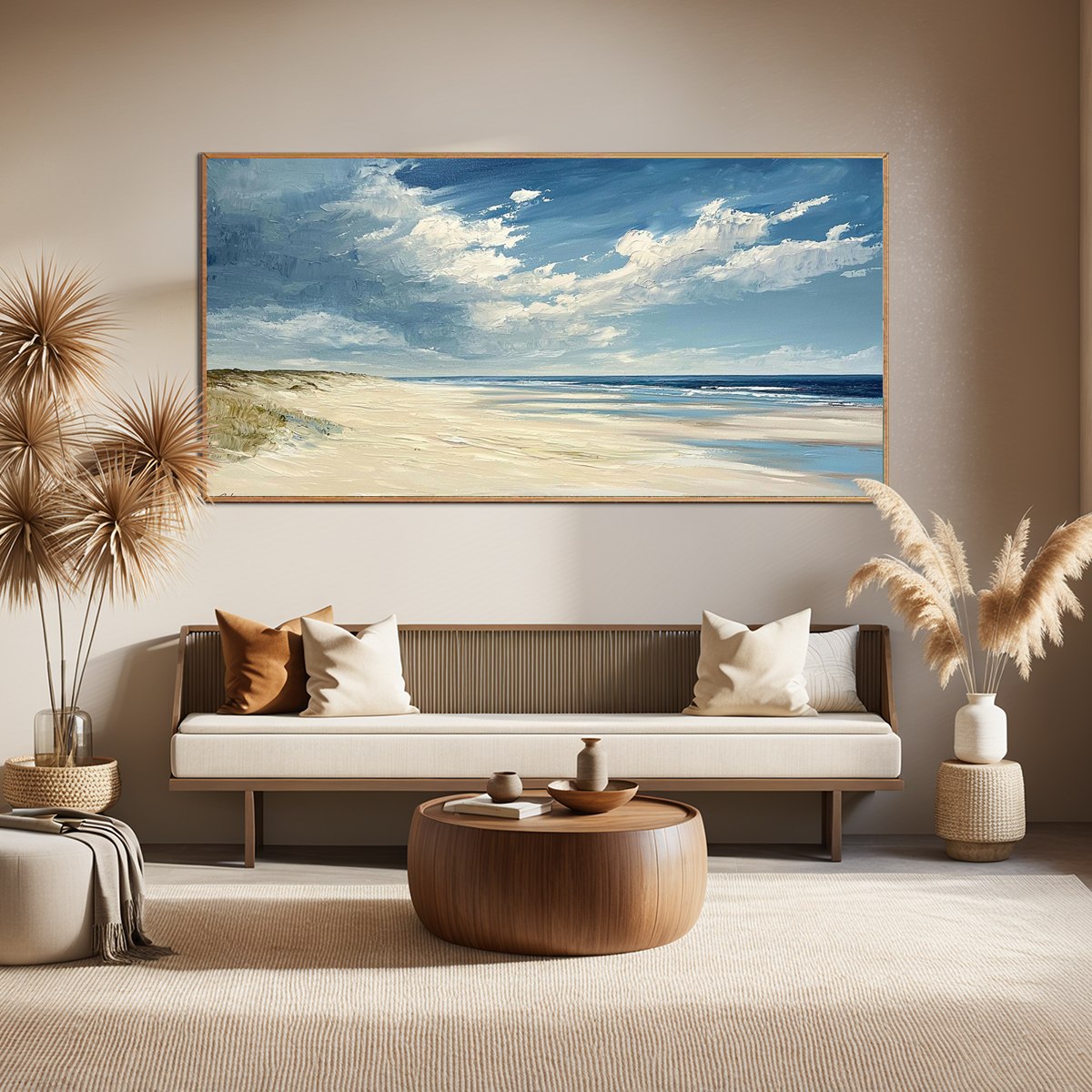 Golden Horizon: Original Panoramic Coastal Sunset Oil Painting