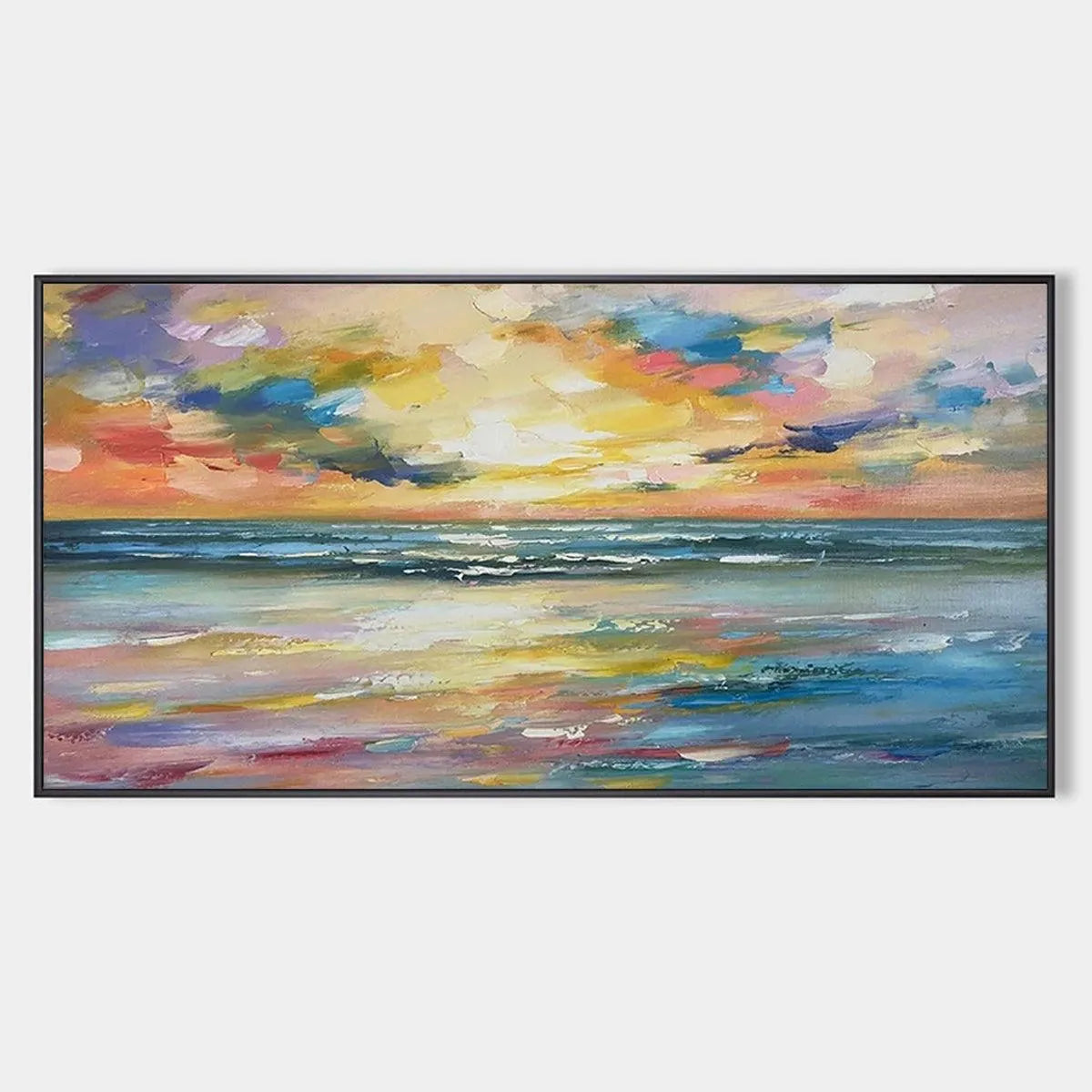 Ocean Painting, Impasto Texture, Sunset Beach, Panoramic Wall Art, Horizontal Canvas