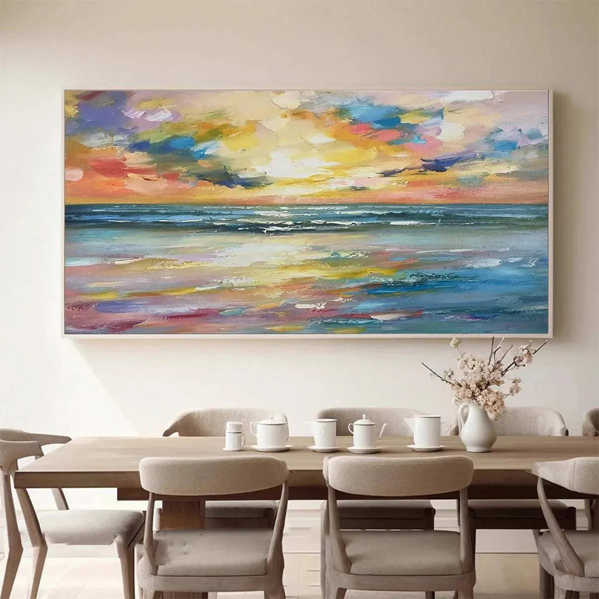 SEASIDE SUNSET SERENADE: Ocean Painting, Impasto Texture, Sunset Beach, Panoramic Wall Art, Horizontal Canvas