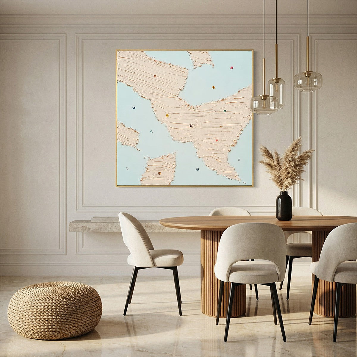 Serendipity: Textured impasto original wall art, blush pink on sky blue with jewel accents.