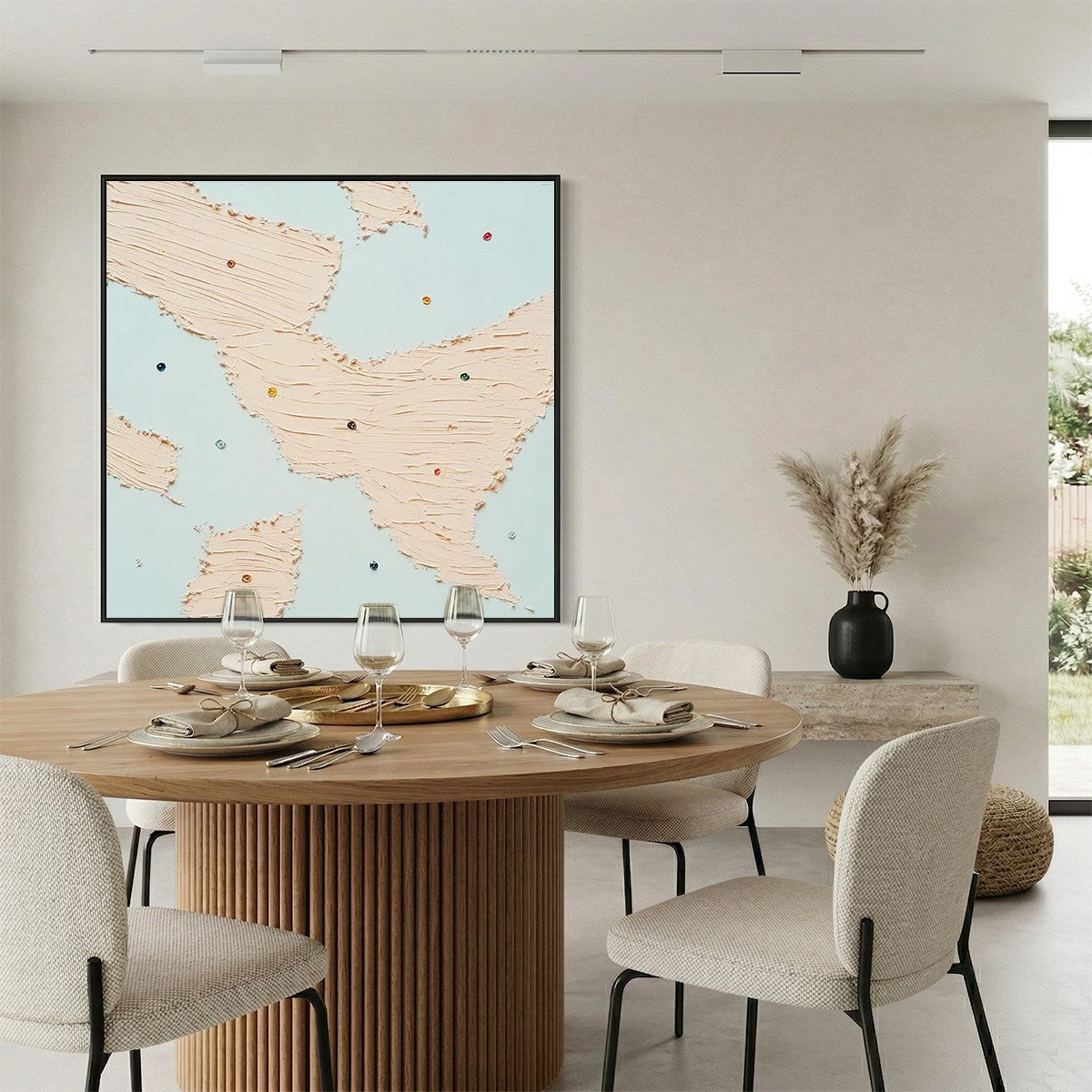 Original paintings: 'Serendipity' impasto wall art, textured pink, blue, colorful dots.