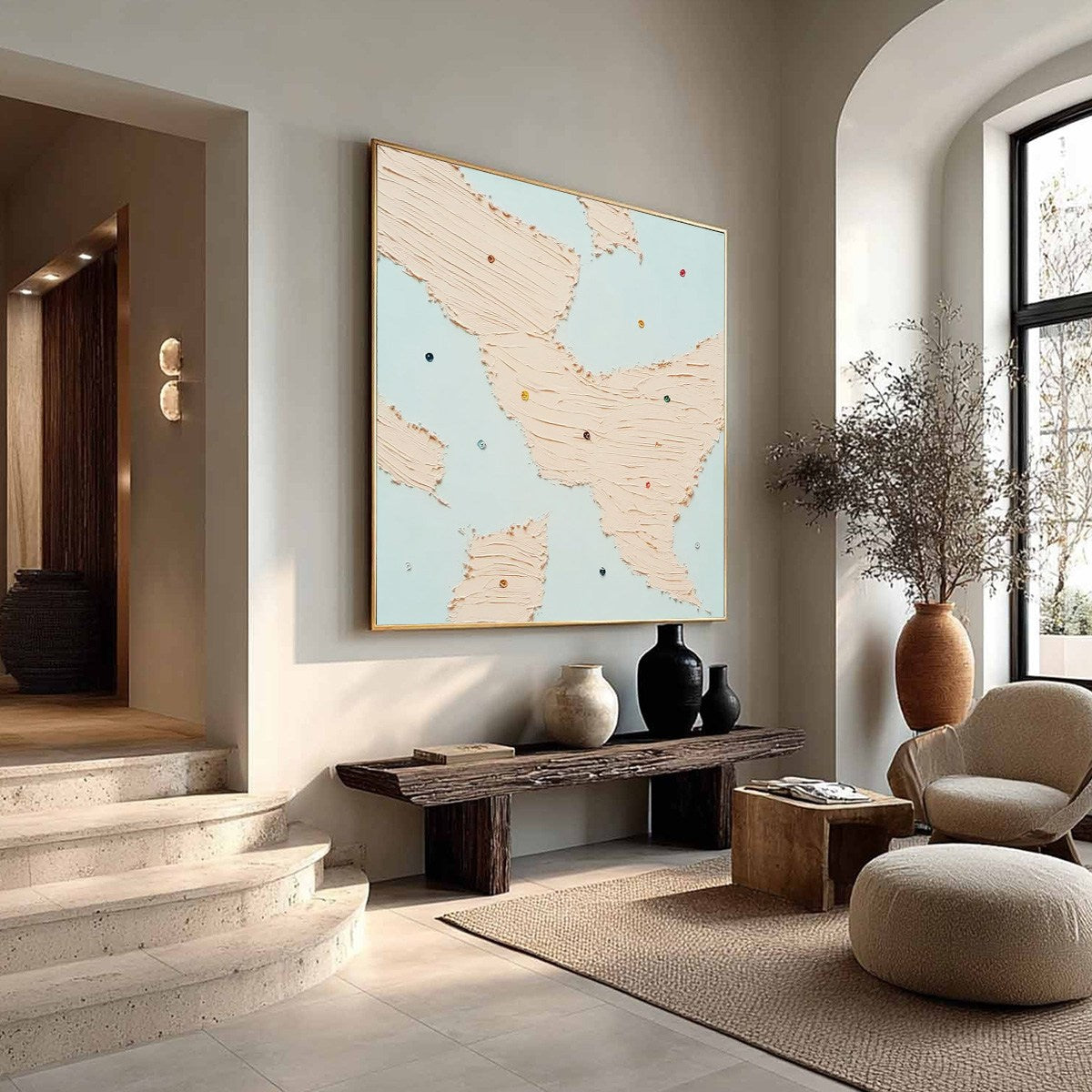 Textured abstract wall art, blush pink impasto on sky blue with jewel dots.