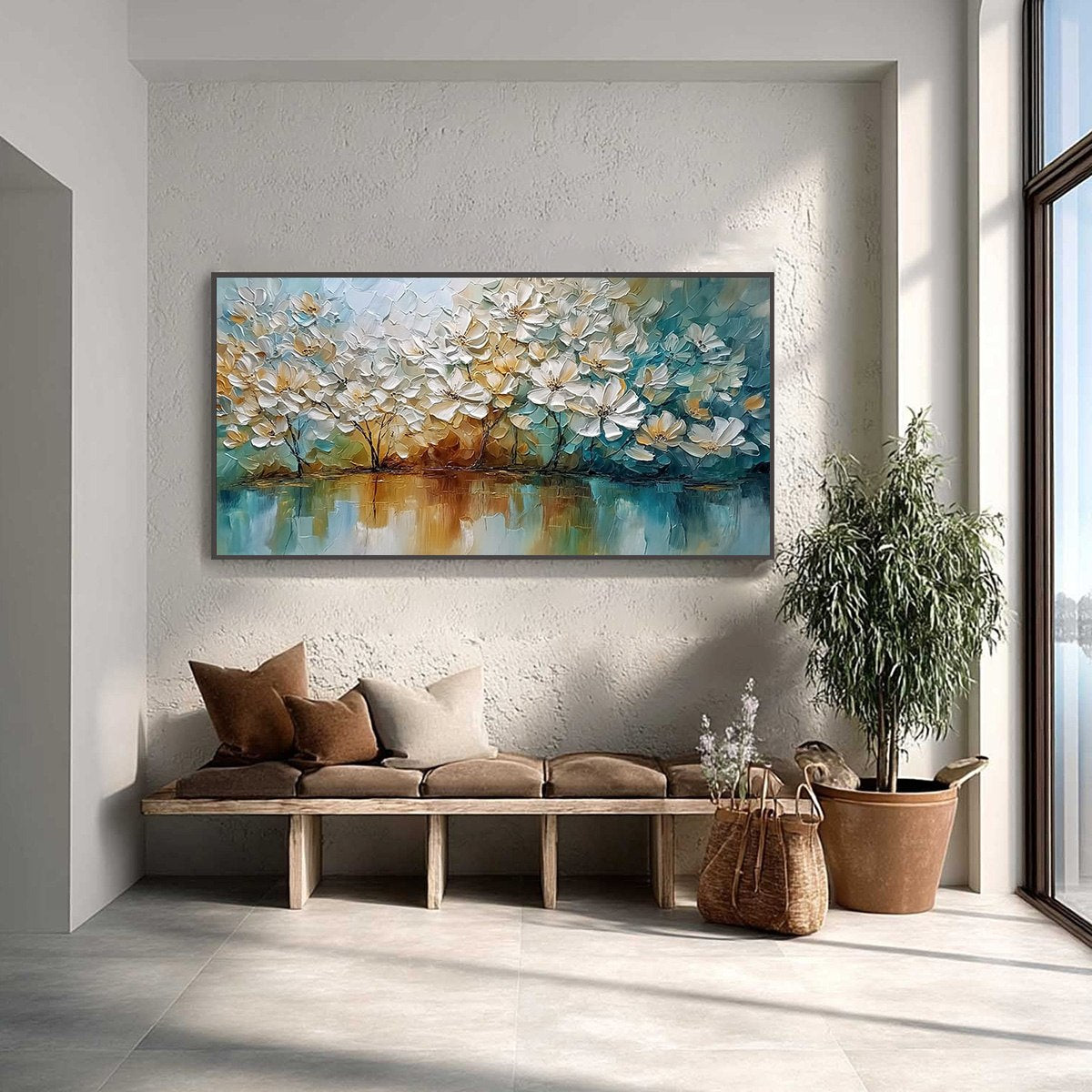 SERENE BLOOMS: Textured Floral Landscape Impasto Oil Painting