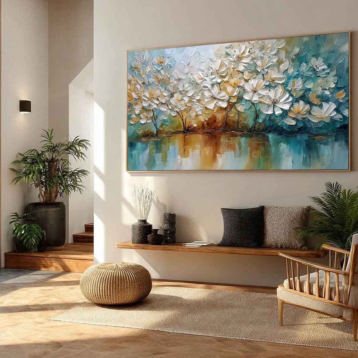 SERENE BLOOMS: Textured Floral Landscape Impasto Oil Painting
