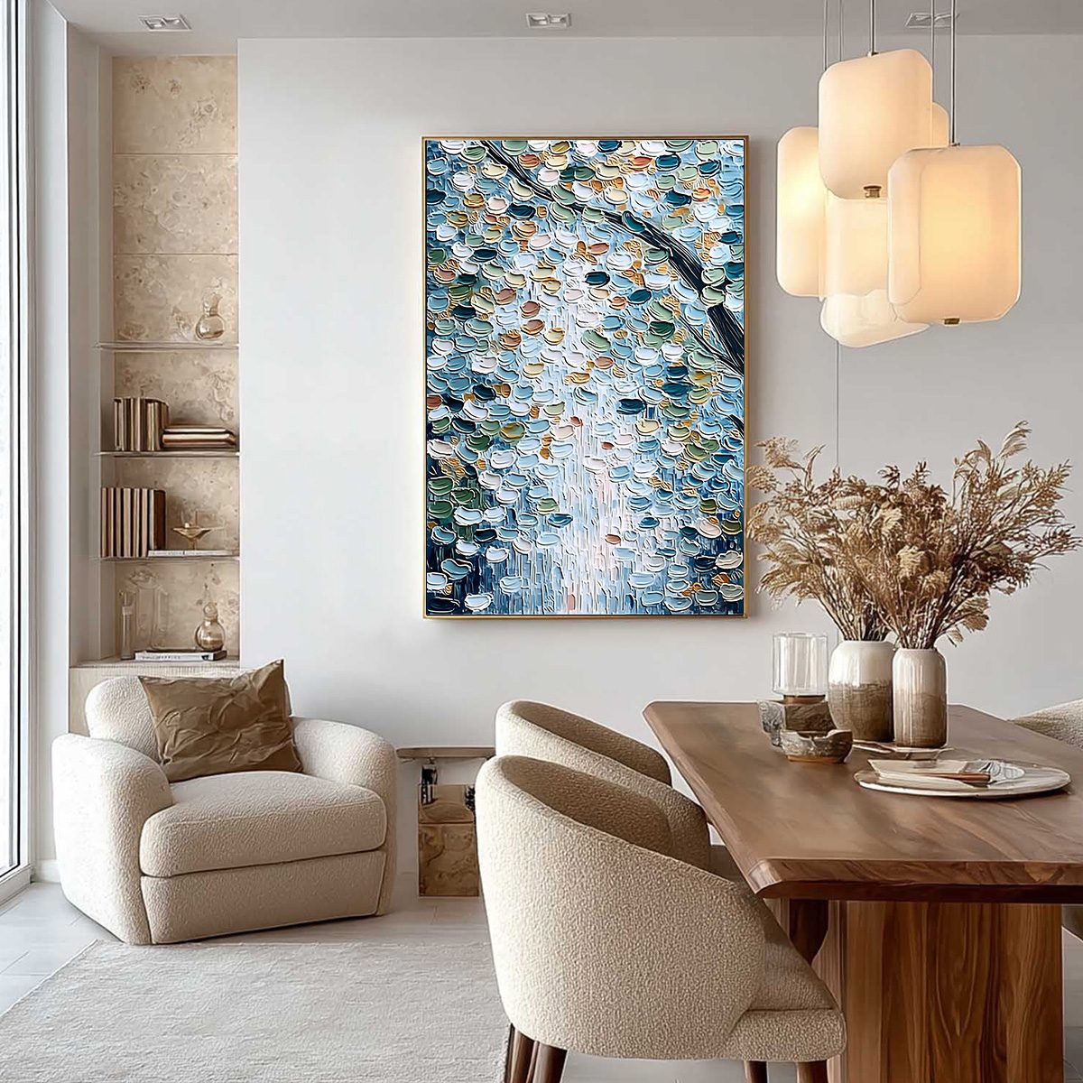 SERENE CASCADE: Textured Abstract Impasto Painting of Falling Leaves