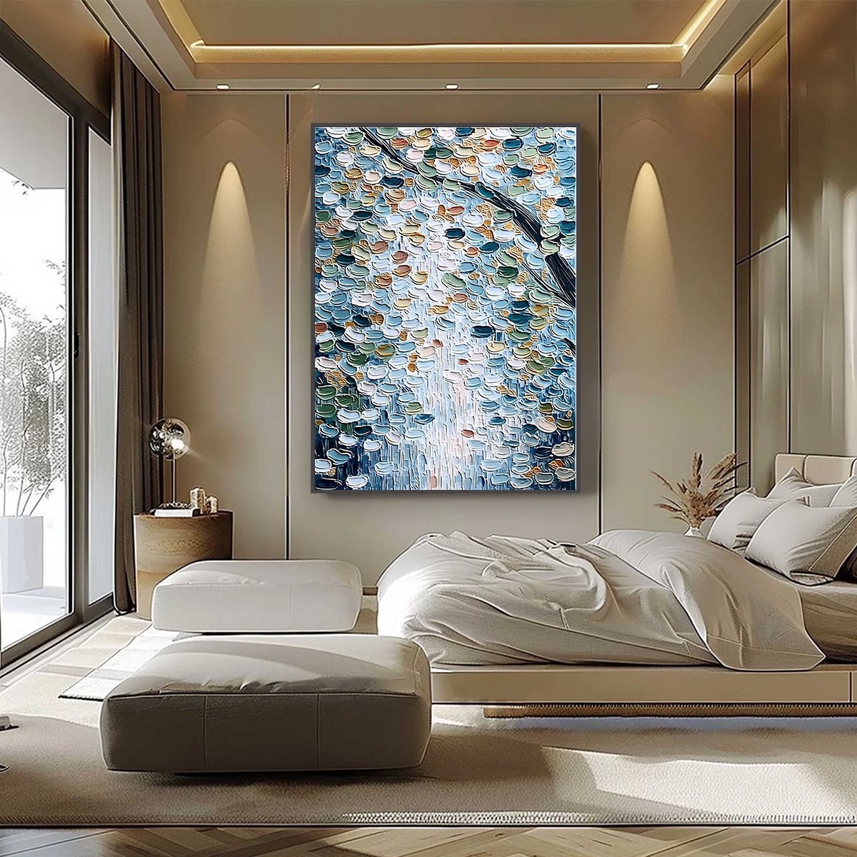 SERENE CASCADE: Textured Abstract Impasto Painting of Falling Leaves