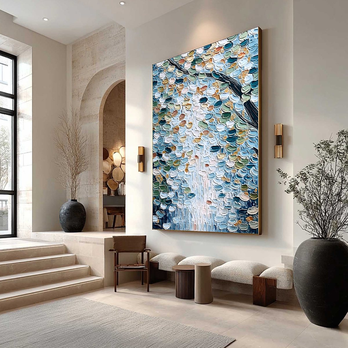 SERENE CASCADE: Textured Abstract Impasto Painting of Falling Leaves