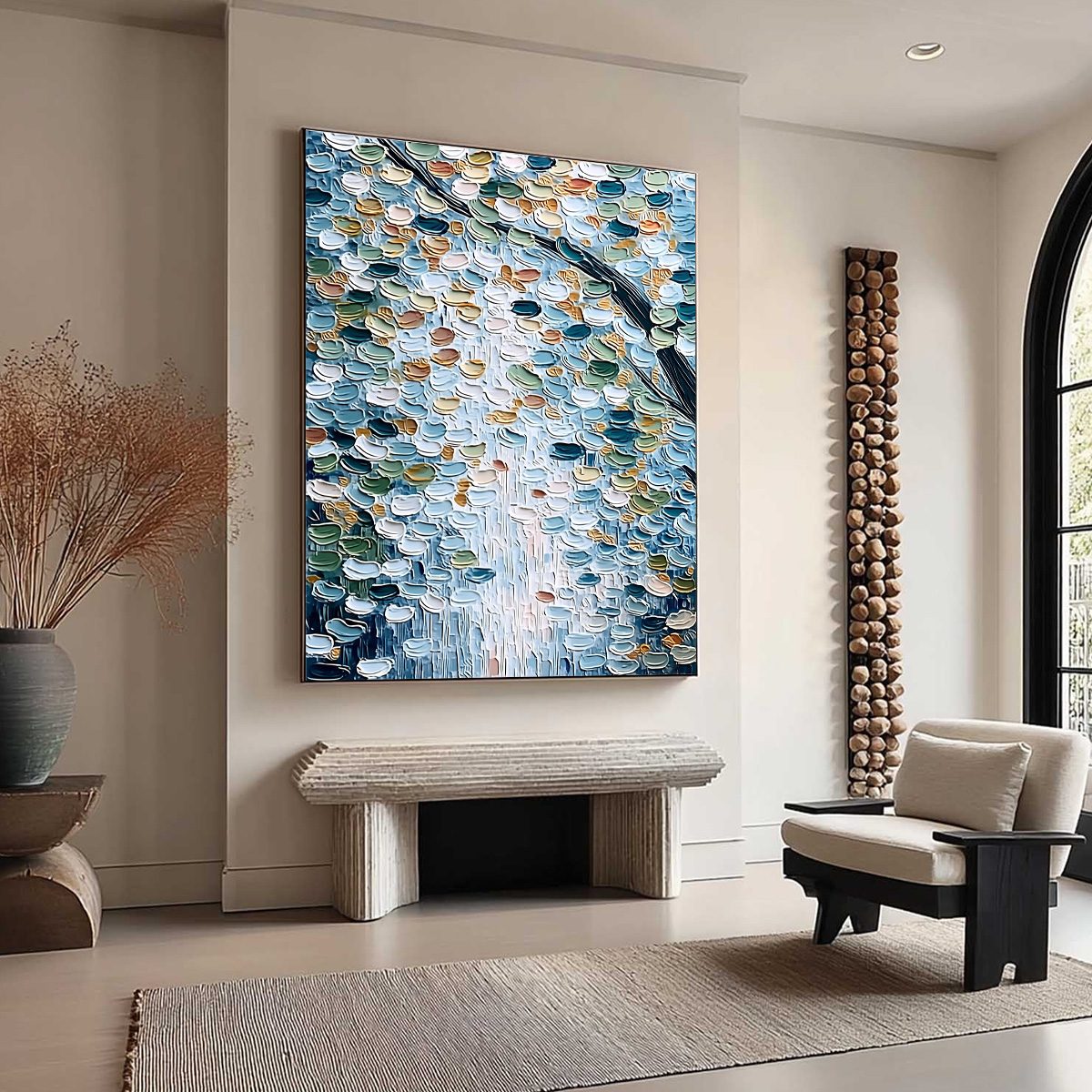 SERENE CASCADE: Textured Abstract Impasto Painting of Falling Leaves