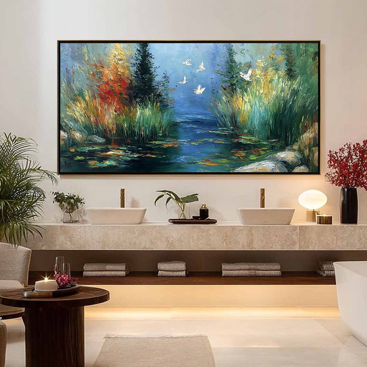 SERENE FLIGHT: Textured Impasto Landscape Painting of a River Sanctuary