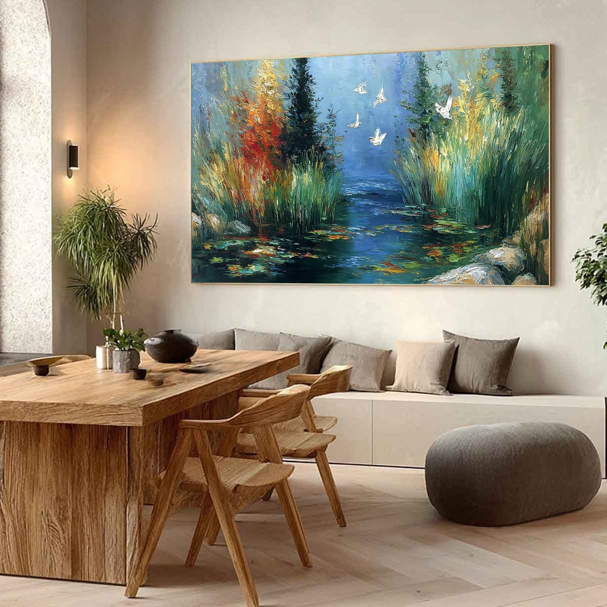 SERENE FLIGHT: Textured Impasto Landscape Painting of a River Sanctuary