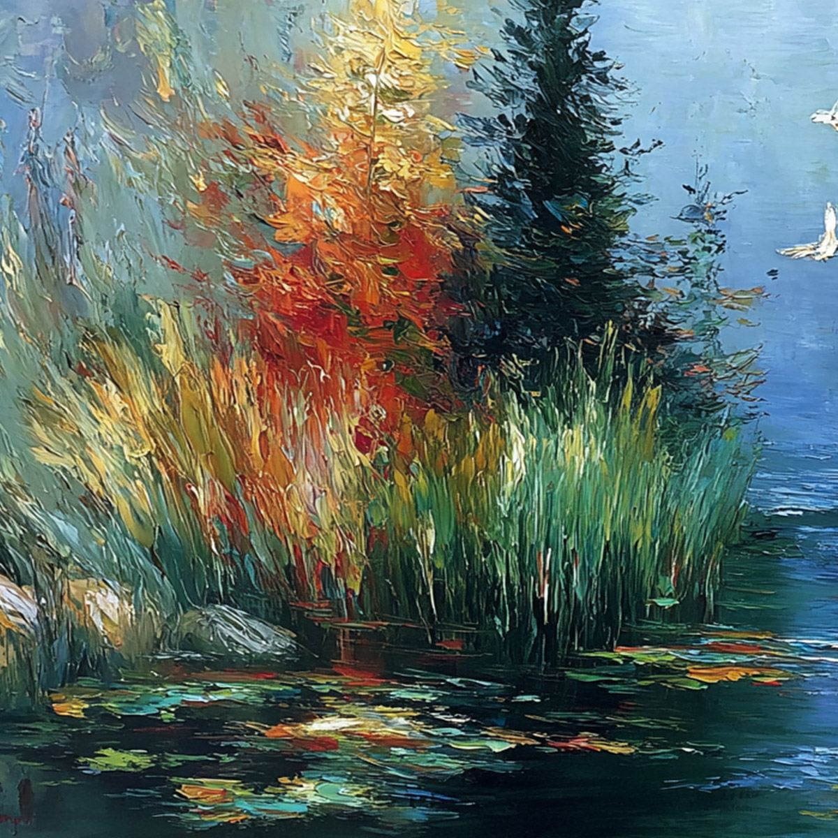 SERENE FLIGHT: Textured Impasto Landscape Painting of a River Sanctuary
