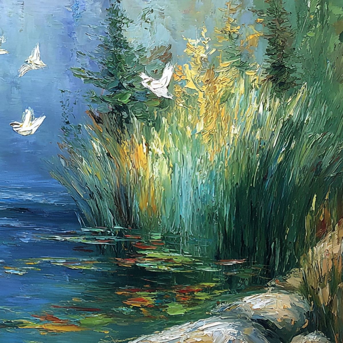 SERENE FLIGHT: Textured Impasto Landscape Painting of a River Sanctuary
