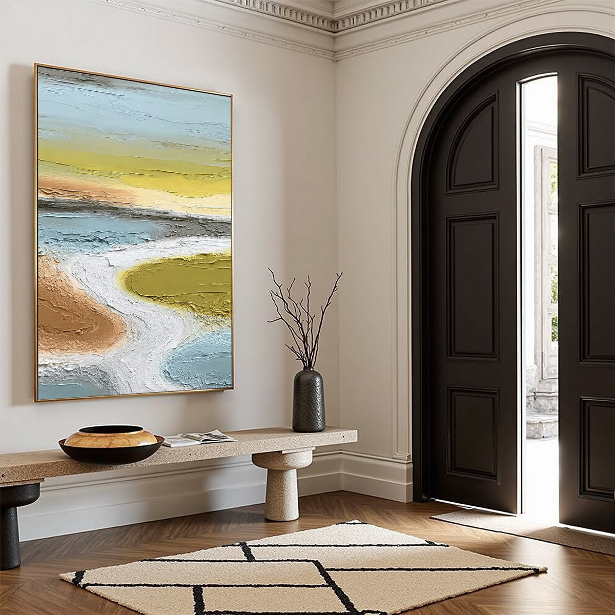 Textured abstract original painting: Wabi-Sabi river landscape, impasto wall art.