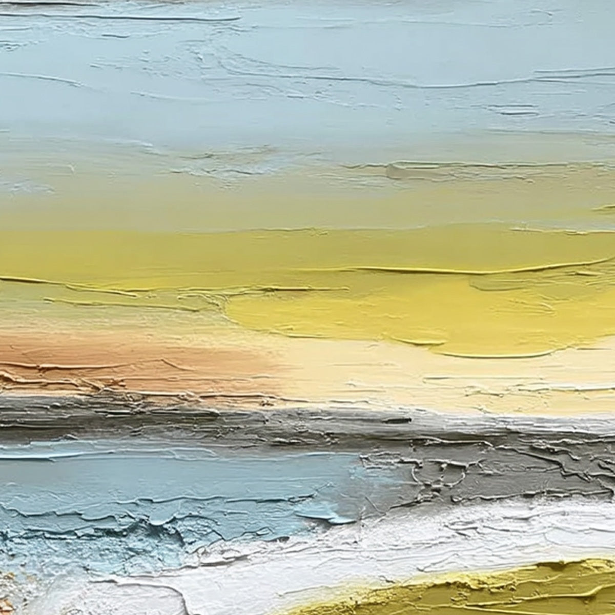 Serene Path original impasto abstract modern wall art, Wabi-Sabi landscape blues & yellows.