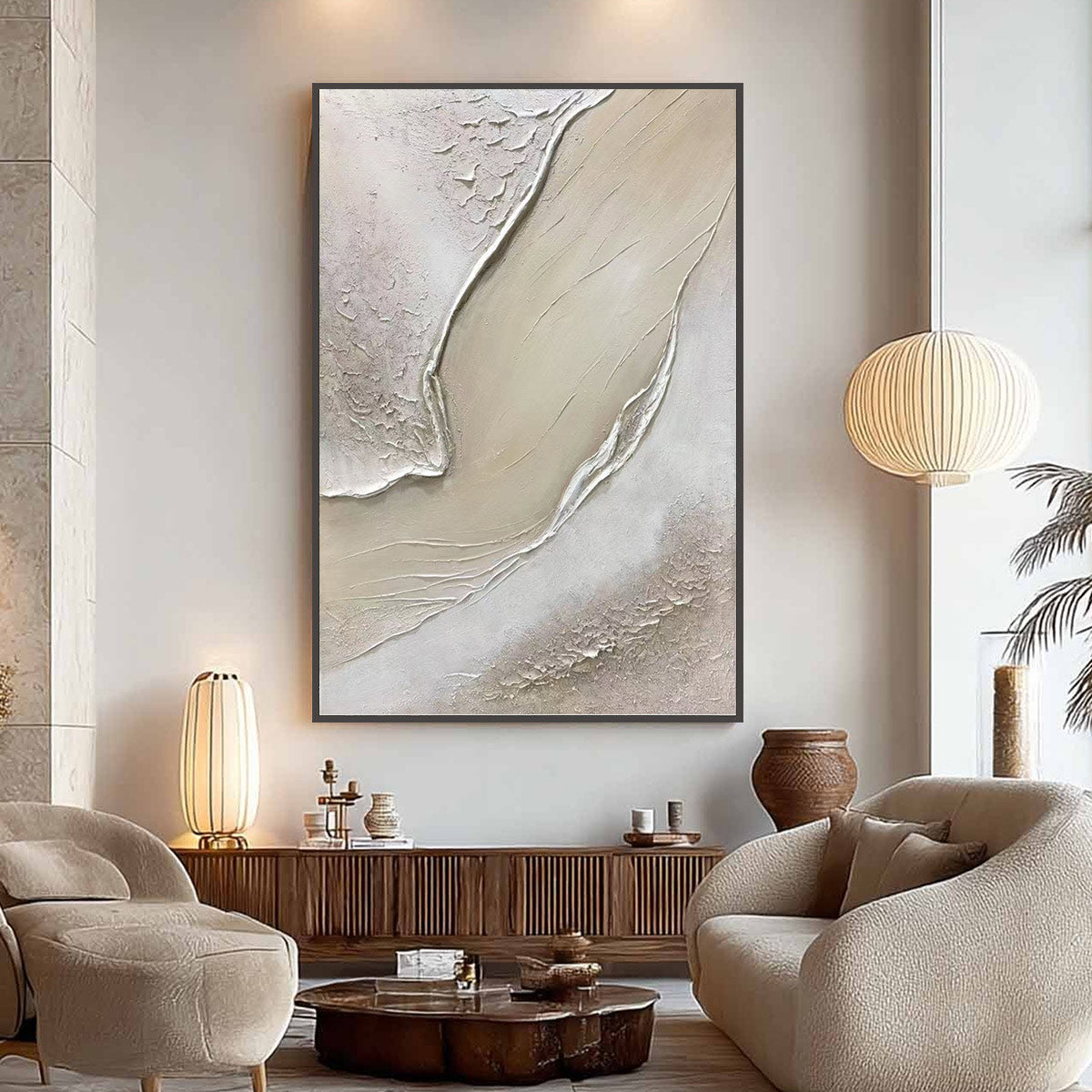 Ready to Ship ｜Serene Pathways: Minimalist Beige Impasto Oil Wall Art