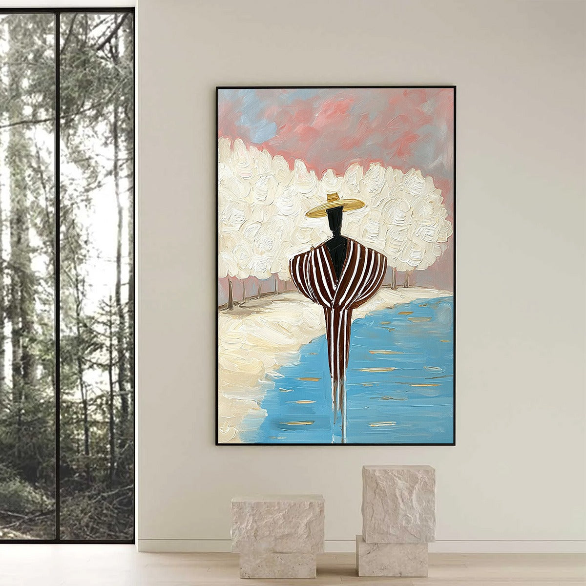 SERENE REFLECTION: Textured Figurative Painting of a Person by the Water