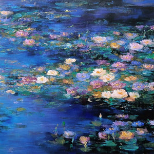 SERENE REFLECTIONS: Impressionistic Textured Water Lily Pond Oil Painting