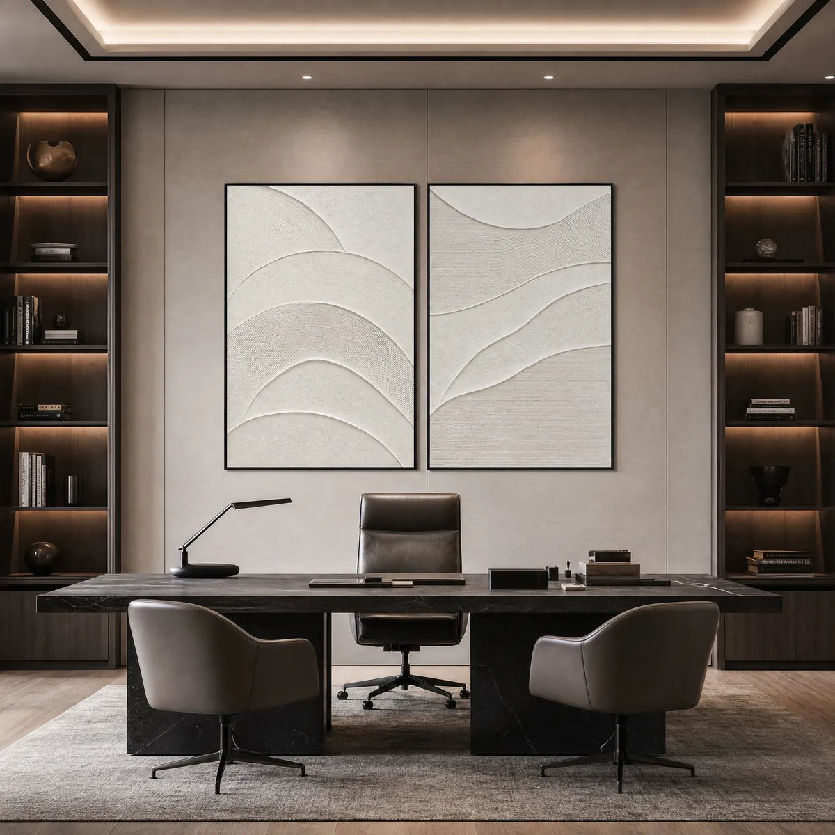 Minimalist textured Wabi Sabi wall art set in a modern office, white abstract diptych