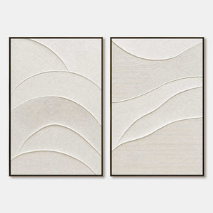 Minimalist textured Wabi Sabi wall art set with cream abstract curved lines, two framed panels