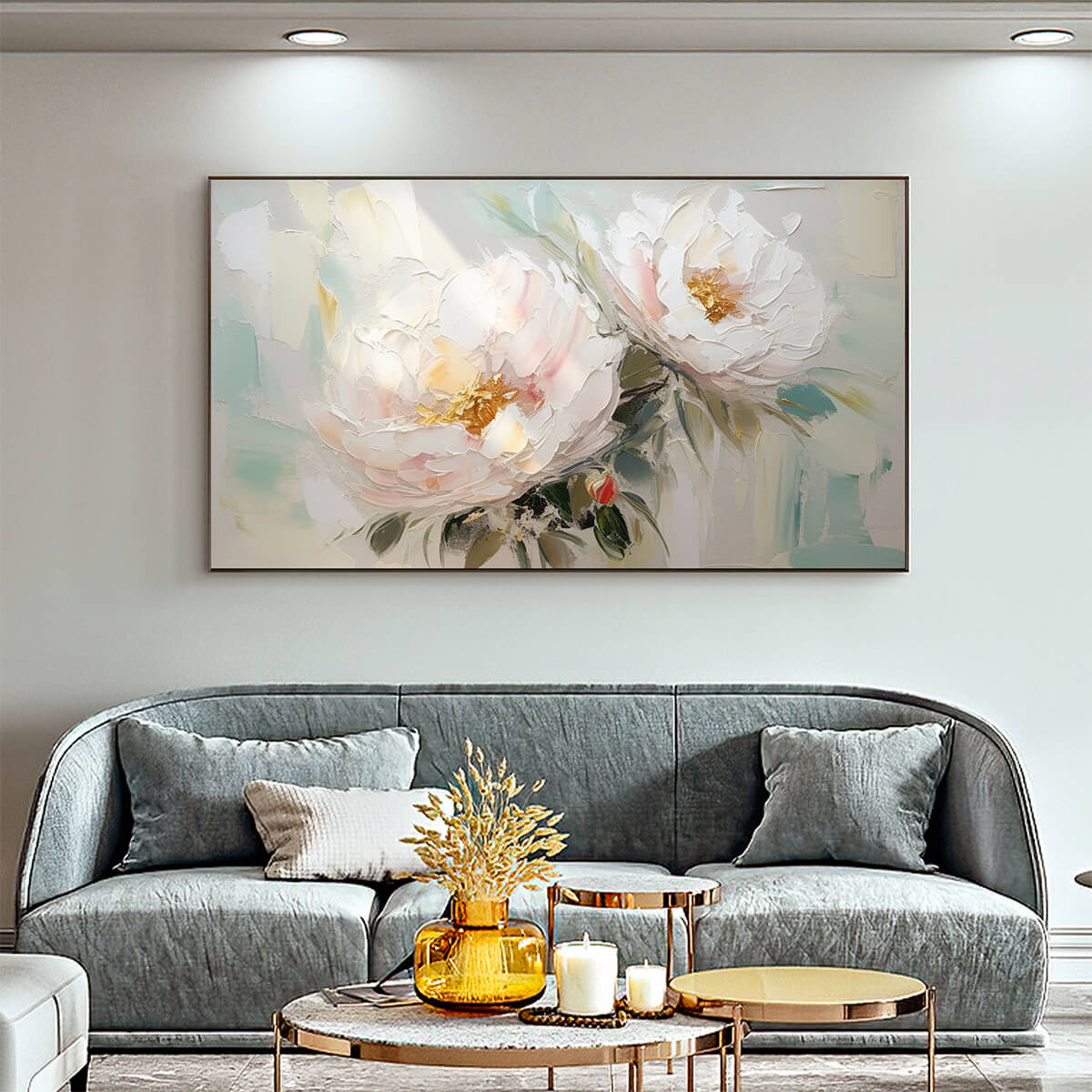 Serene Blossoms: Textured Floral Oil Painting Canvas Wall Art Decor in Soft White and Blush
