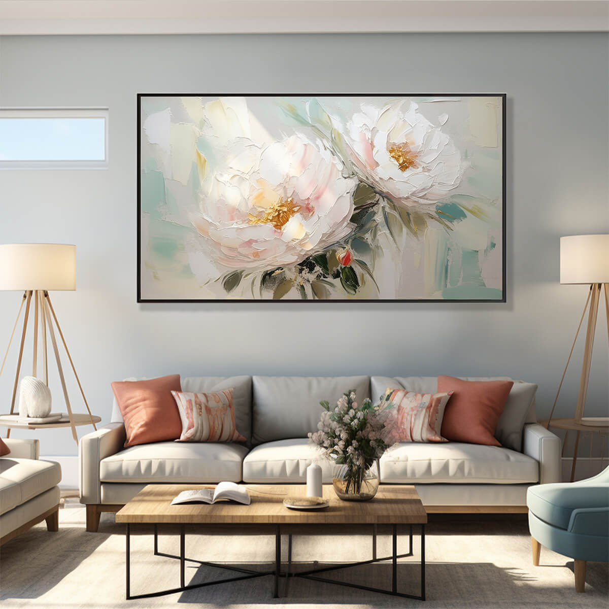 SERENE BLOSSOMS: Textured Floral Oil Painting in Soft White and Blush