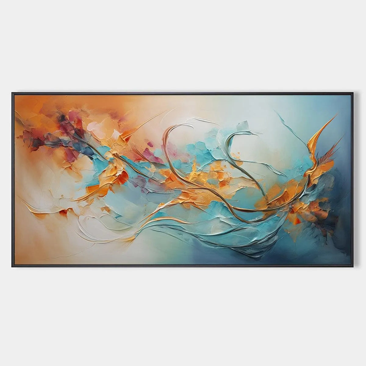 Panoramic Abstract Teal and Gold Oil Painting