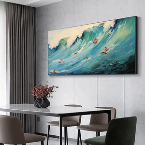 Panoramic Ocean Painting of Surfers on a Majestic Wave