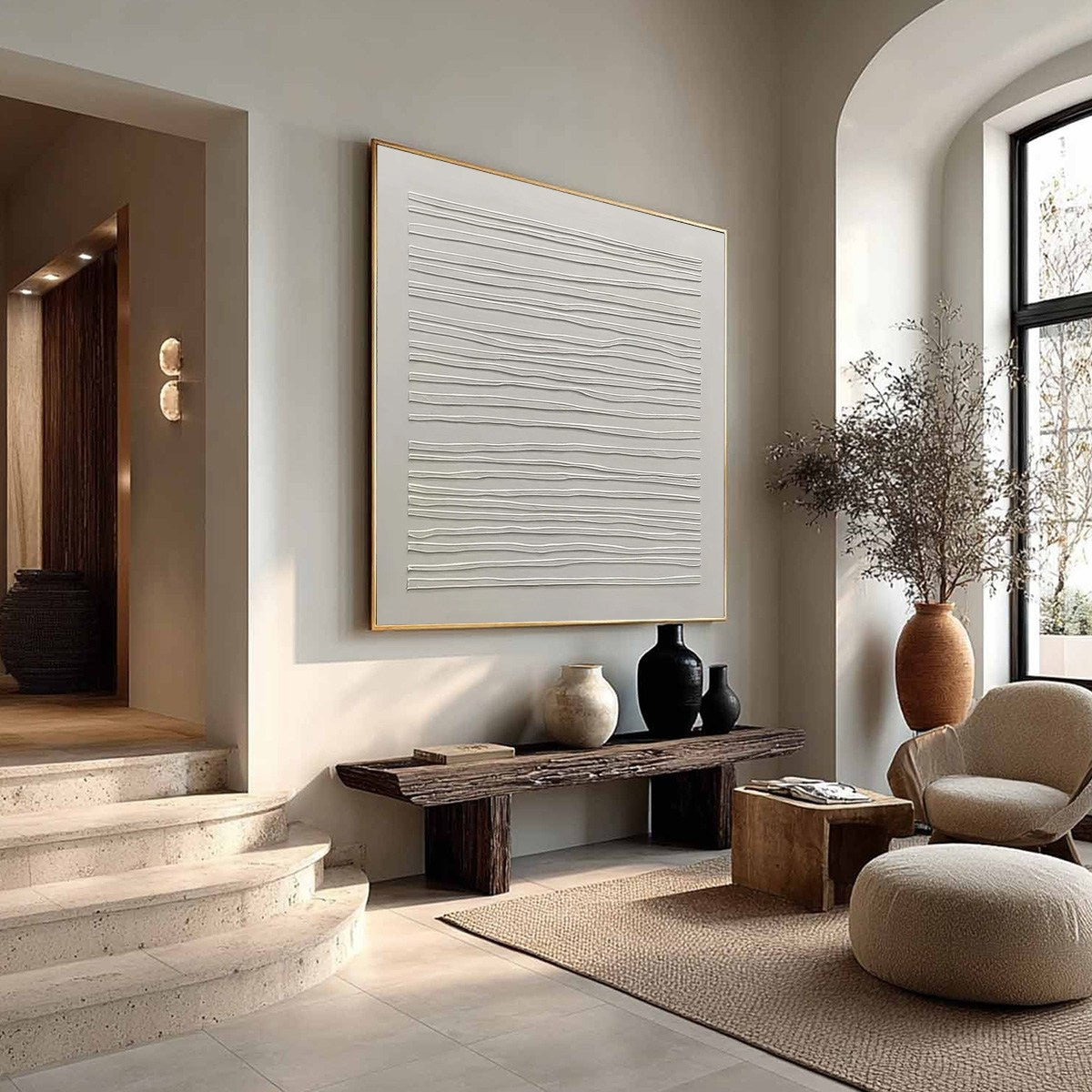 SERENE LINES: Minimalist Textured White Abstract Oil Painting