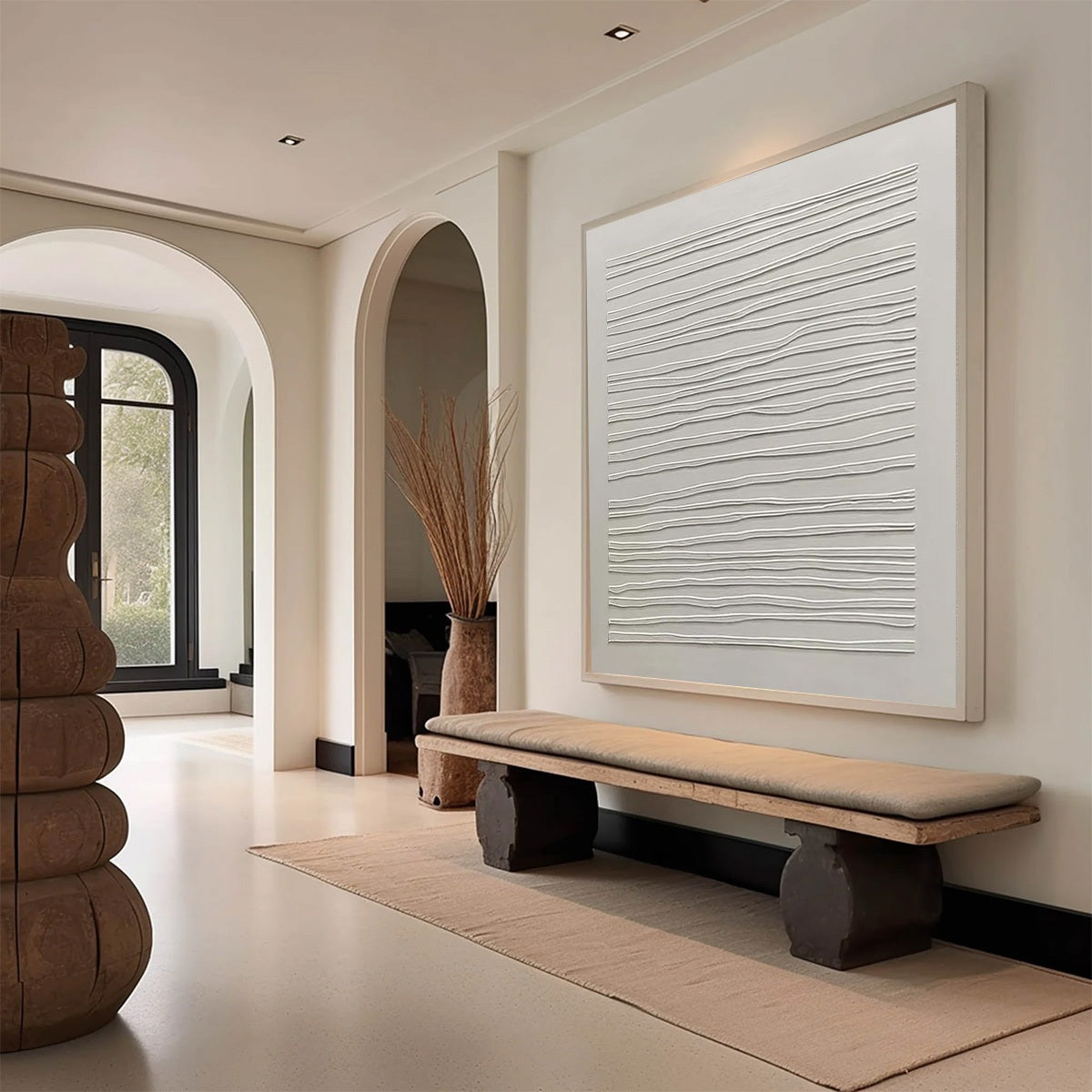 SERENE LINES: Minimalist Textured White Abstract Oil Painting