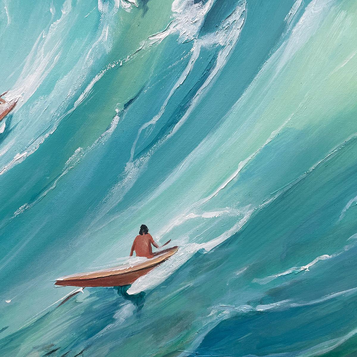 Panoramic Ocean Painting of Surfers on a Majestic Wave