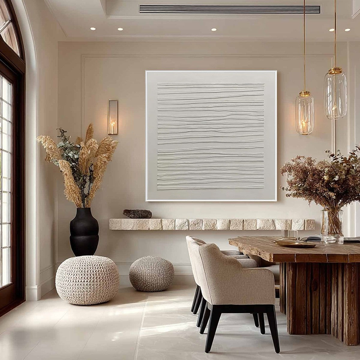 SERENE LINES: Minimalist Textured White Abstract Oil Painting