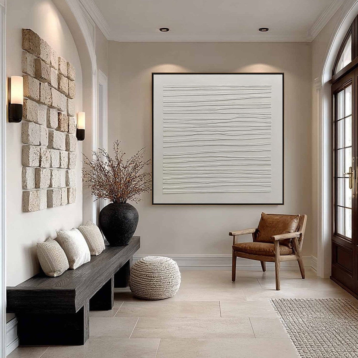 SERENE LINES: Minimalist Textured White Abstract Oil Painting