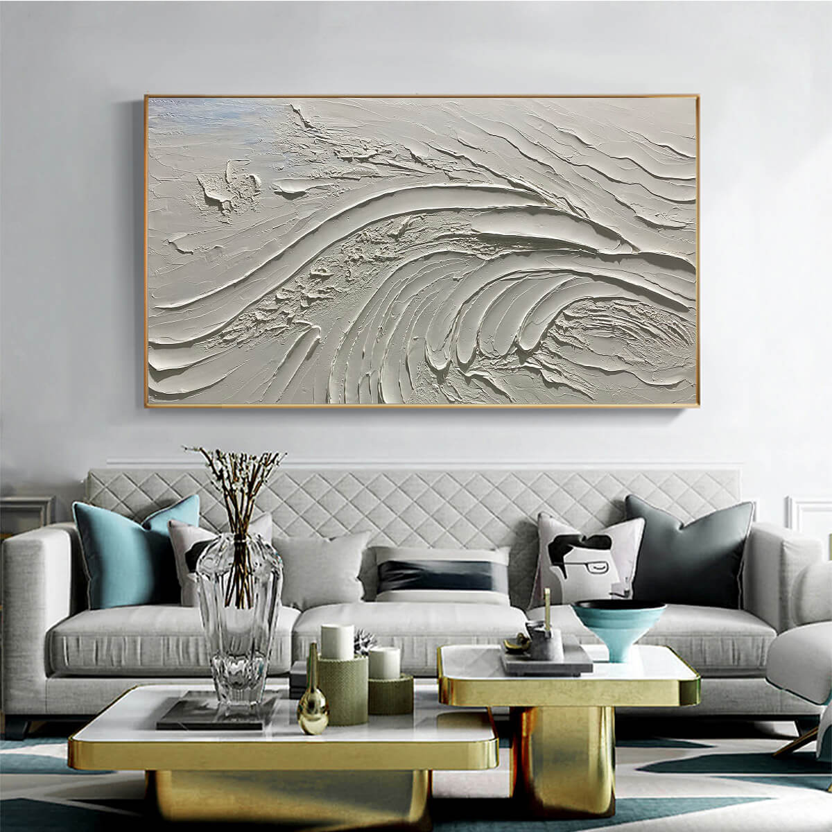 Serene Ridges: Textured Minimalist White Oil Painting Canvas Wall Art Decor