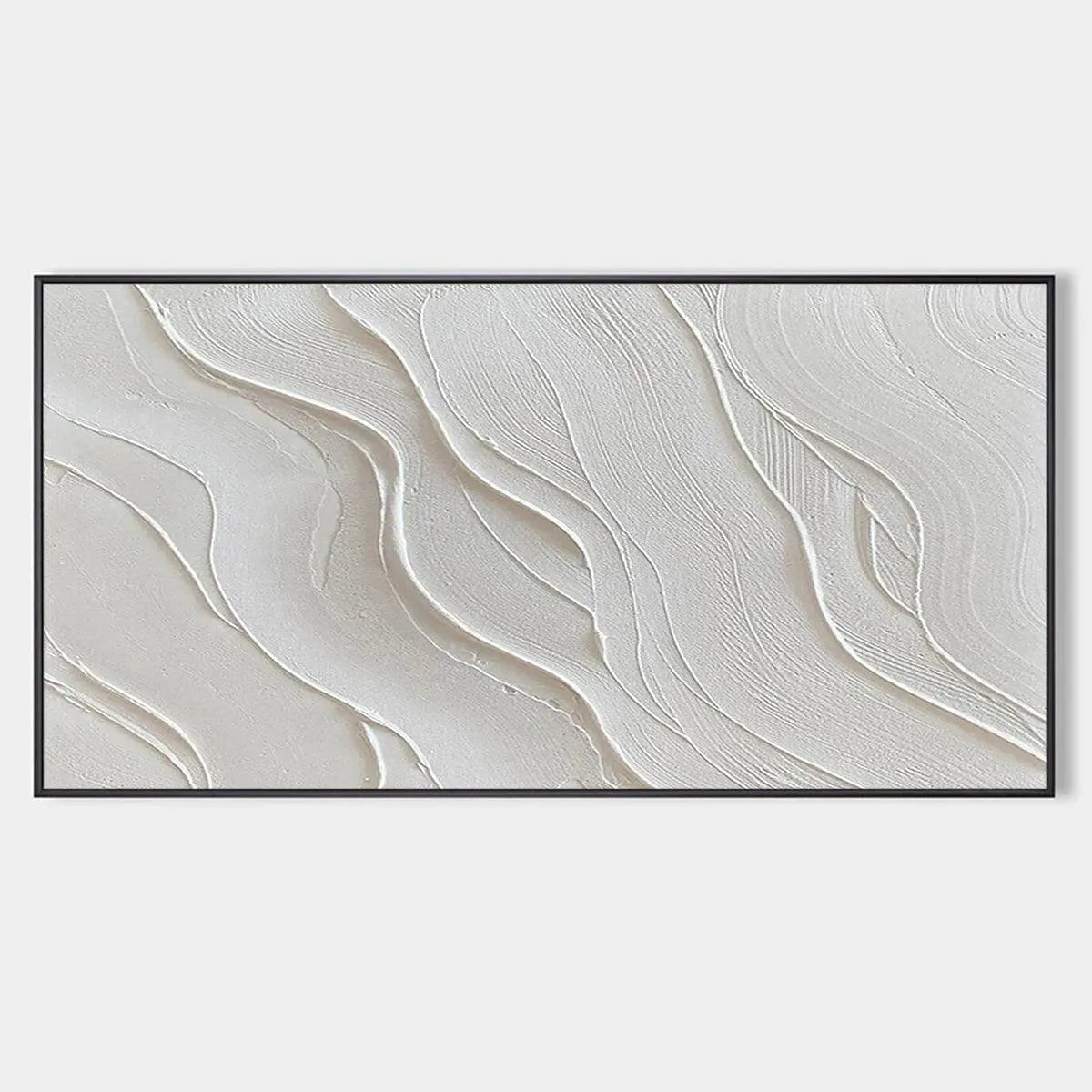 Serene Ripples textured white abstract art. Horizontal minimalist with flowing wave patterns in black frame.