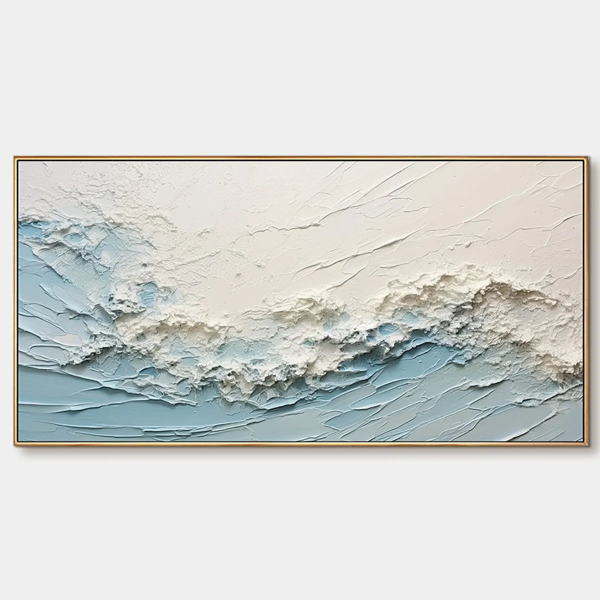 Panoramic Textured Abstract Painting, Impasto Wall Art, Blue, White, Beige, Living Room, Bedroom