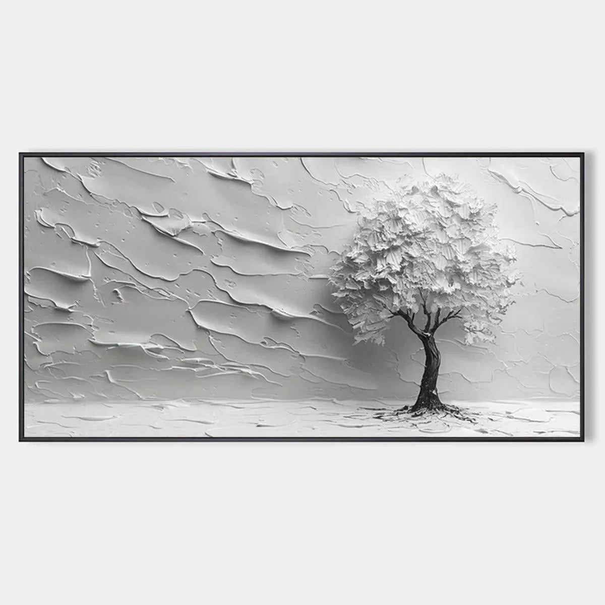 Textured 3D Tree Painting, White Impasto Wall Art, Panoramic Canvas, Minimalist Decor