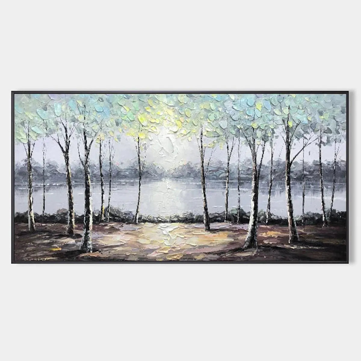 Panoramic Landscape Painting, Textured Trees and Lake