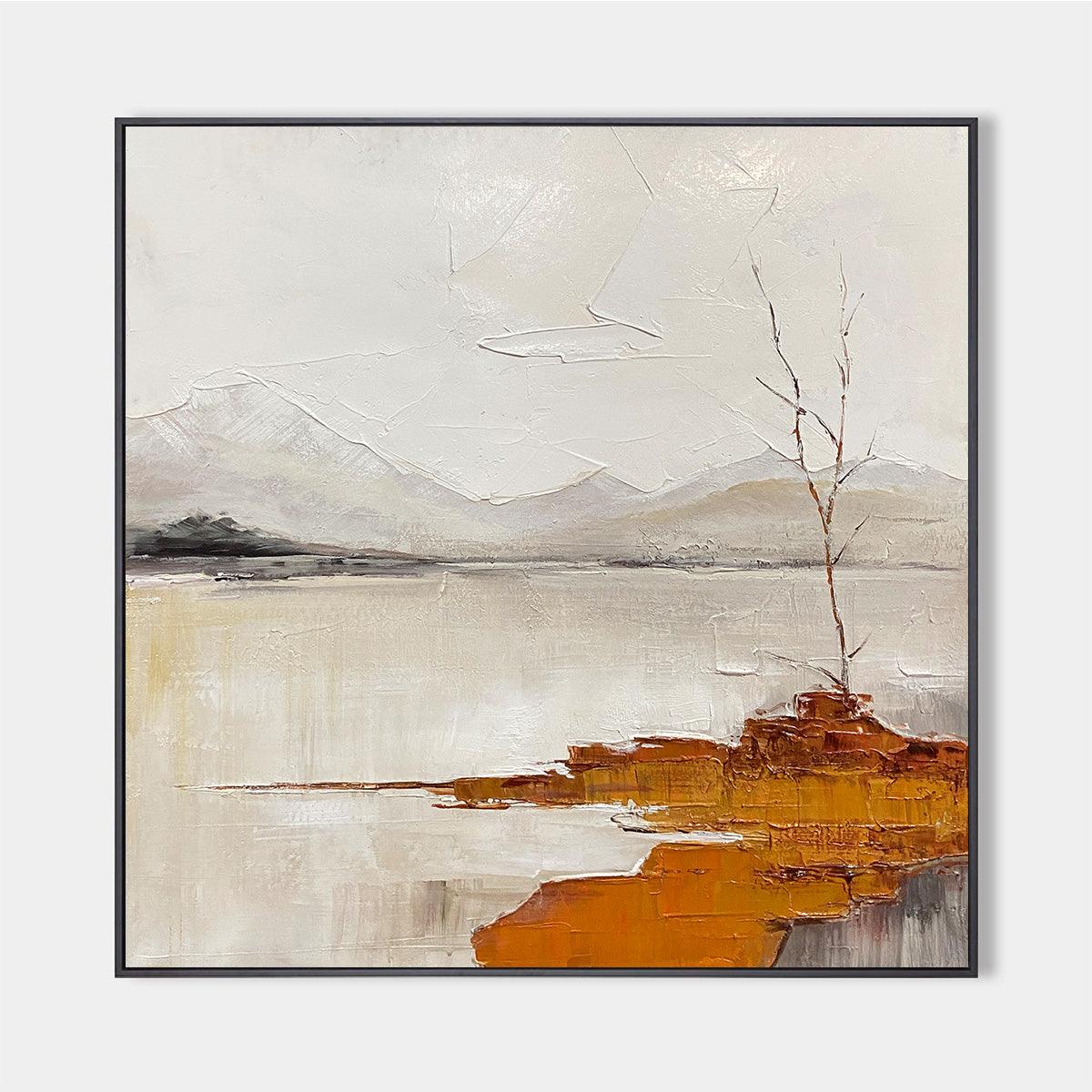 Minimalist Landscape Painting in White, Grey, and Orange, Square Canvas Wall Art