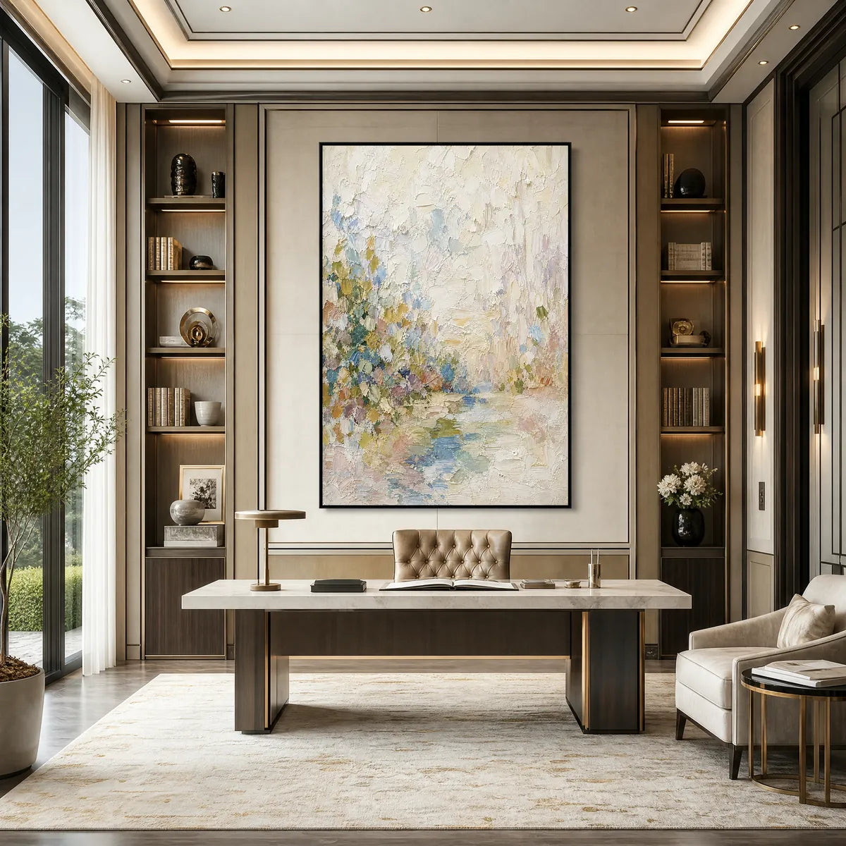 Textured abstract landscape oil painting in soft pastel tones, framed in a modern office.
