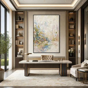 Textured abstract landscape oil painting in soft pastel tones, framed in a modern office.